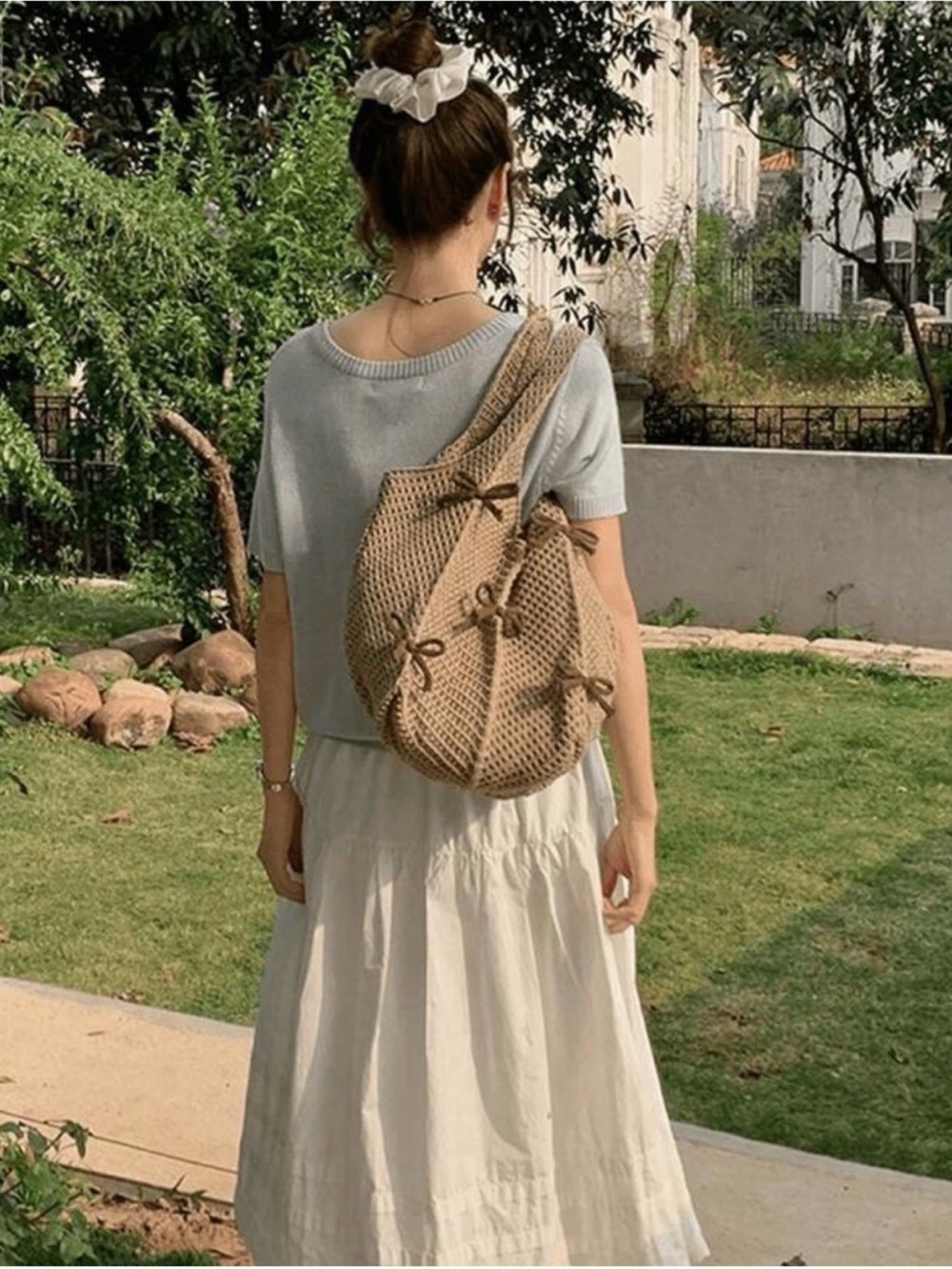 Free People Handwoven Beige Crochet Tote Bag with Bow Accents - Picture 6 of 6